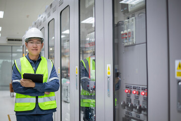 Engineer wearing safety helmet and reflective vest is conducting protection relay substation...