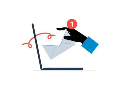 Hand delivering white envelope with notification to laptop isolated on a transparent background image