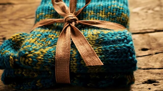 A beautifully wrapped pair of handmade knitted socks in vibrant blue and yellow colors, resting on a rustic wooden surface, showcasing craftsmanship and warmth, perfect for cozy winter gifting