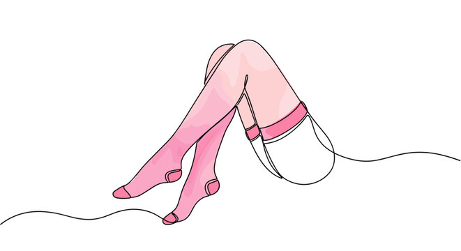 Pink Stockings in Erotic Pose &mdash; Fetish Legs Illustration &mdash; One Line Doodle with Watercolor Fill &mdash; Vector Design for Sex Toy Advertisements and Adult-Themed Merchandise