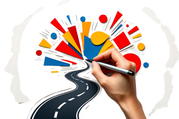 Hand drawing winding road towards abstract colorful shapes isolated on a transparent background image