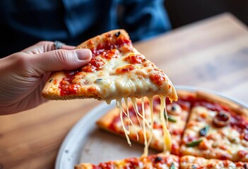 Close-up of hand holding cheesy pizza slice above table, appetizer, eating