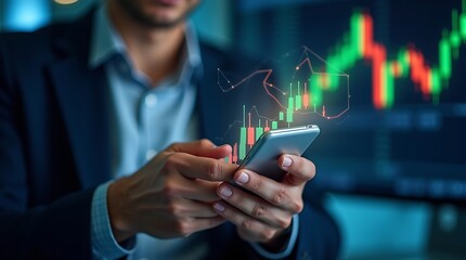 A captivating photo realistic image depicts a trader intently viewing a smartphone with a projected stock growth graph, highlighting strategic investment for business progress.