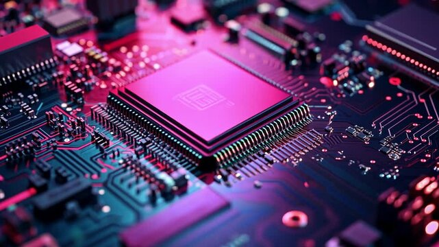 Technological marvel: Electronic circuit board, a detailed close-up showcasing the intricate network of components. A vibrant and complex display of modern technology. 