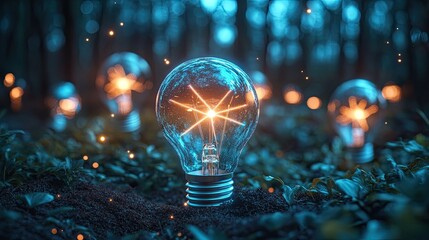 Wind turbines in lightbulb glowing with neon blue energy illustrating renewable energy technology and sustainable power