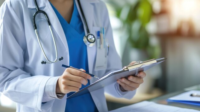 A doctor in a white coat and blue scrubs, holding a clipboard and pen, in a medical office setting.