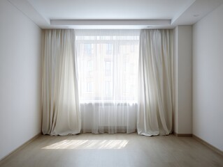 Fototapeta premium A room with white curtains and a window. The curtains are open and the room is empty. There is a window with a white curtain