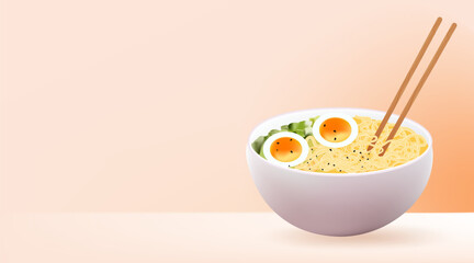 Asian cuisine dish on a beige background.A bowl of ramen is illustrated with noodles, boiled eggs, and vegetables.