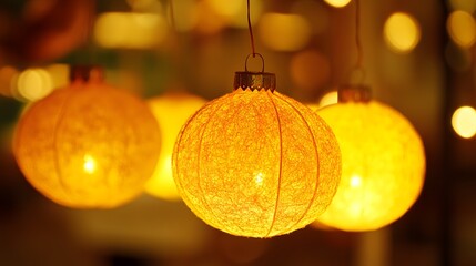 Glowing Yellow String Lights Festive Decor, Warm Bokeh Background