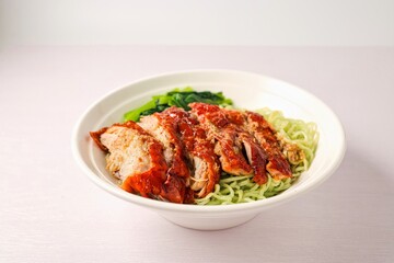 Roast duck with egg green noodle, green noodles with roasted duck ,dry noodles