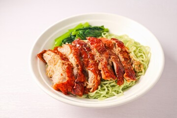 Roast duck with egg green noodle, green noodles with roasted duck ,dry noodles