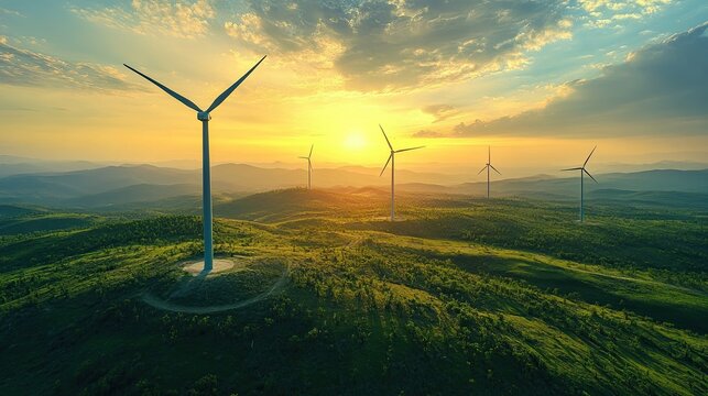Wind turbines and renewable energy concept with eco-friendly landscape and sustainable green power generation