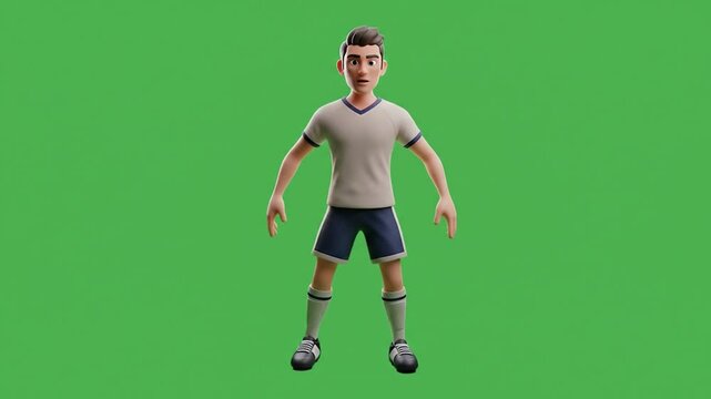 3d animated soccer player character model posed on green background. - Powered by Adobe