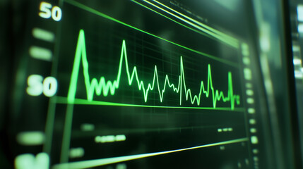 ECG monitor displaying green waveform patterns, representing heart activity and vital signs in clinical setting
