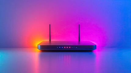 Wireless router on colorful background, tech communication device with glowing signal indicators