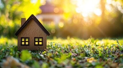 A wooden house model on a grassy lawn with a blurred background of trees and sunlight.