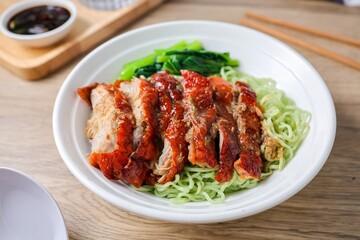 Roast duck with egg green noodle, green noodles with roasted duck ,dry noodles