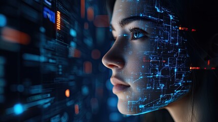 Woman Cybersecurity AI Concept with Futuristic Tech Interface, Artificial Intelligence, and Network Security