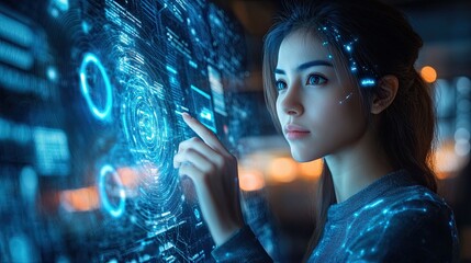 Woman interacting with floating data display, futuristic sci-fi concept for virtual interface, analytics, or AI systems