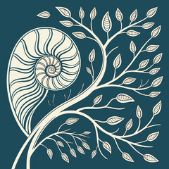 Illustration of a tree with leaves and branches intertwined with a spiral shape on a dark teal background