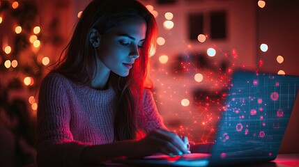 Woman laptop communication icons glowing with neon effects symbolizing digital networking and remote work technology