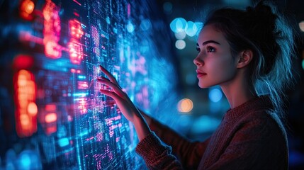 Woman interacting with neon-lit digital tablet, futuristic technology concept, blue background, and sci-fi elements