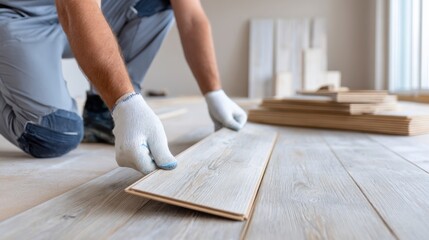 Worker wearing white gloves installing wooden floor panels in room under construction