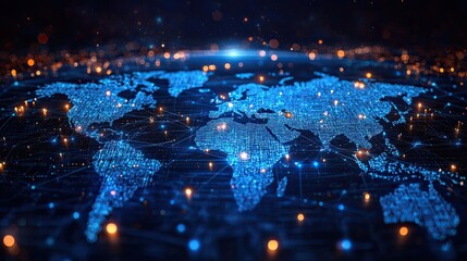 World map digital network with blue glowing lines and data points for global tech and communication themes
