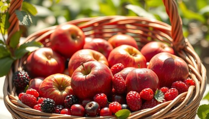 Overripe red apples and vibrant berries spill from a rustic woven basket, sunlight illuminating the scene,  painting,  rustic
