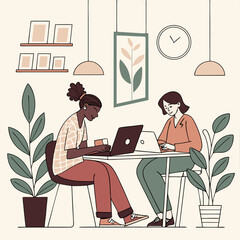 Two women working on laptops at a table with plants and decor in a bright and modern workspace