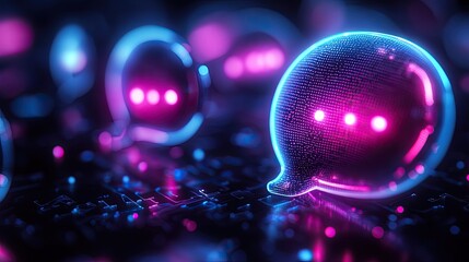 3D chat bubbles blue glowing softly with neon light illustrating digital communication, social media, and messaging technology
