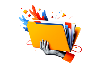 Hand holding colorful files with abstract shapes isolated on a transparent background folders papers