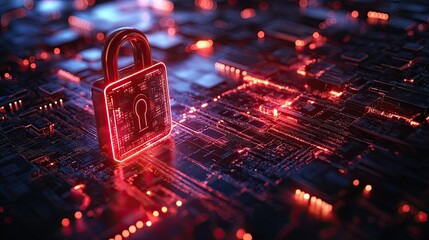 3D concept of data protection with glowing tech shield and security padlock, digital safety and privacy technology
