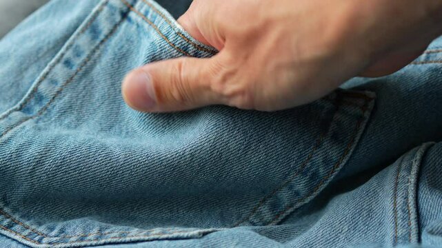 A man's hand touches the back pocket of denim pants, checking the quality and strength of the material.
The man strokes the pocket of his blue pants with his hand.
New jeans