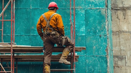A construction worker in a yellow safety jacket and hard hat, standing on a ladder, looking at a blue concrete wall with a greenish tint.