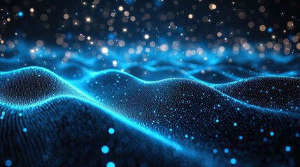 3D Dots Flow Perspective with Dynamic Blue Particles Moving Through Space in Abstract Tech Network Background