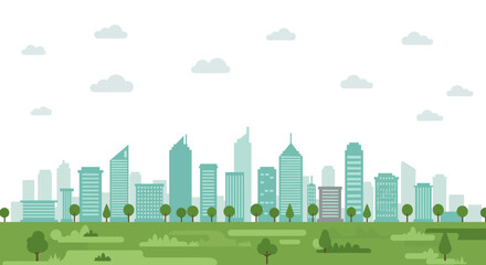Green urban cityscape illustration: buildings, trees, and a vibrant sky form a harmonious downtown business district skyline