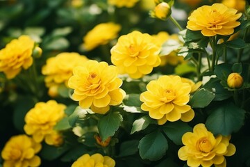 Fototapeta premium Close up of vibrant yellow ranunculus flowers, showcasing their delicate petals and lush green foliage in a garden setting