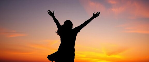 Silhouette of embracing figure at sunset, radiating freedom, unrestricted, optimism