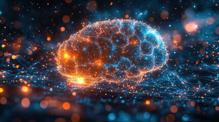 3D glowing brain with connected neuron network, artificial intelligence concept, digital data and futuristic design