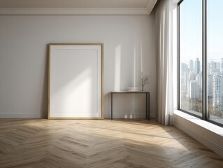 Obraz premium A large empty room with a white framed picture on the wall. The room has a wooden floor and a window with curtains