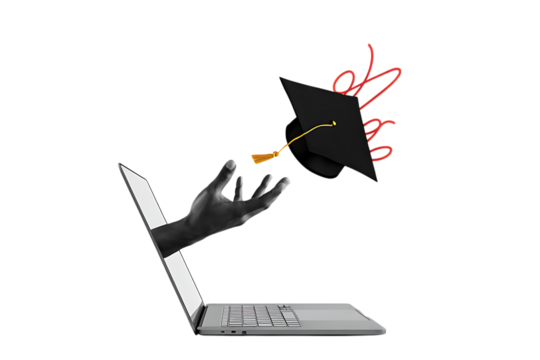 Hand holding graduation cap emerging from laptop screen isolated on a transparent background education