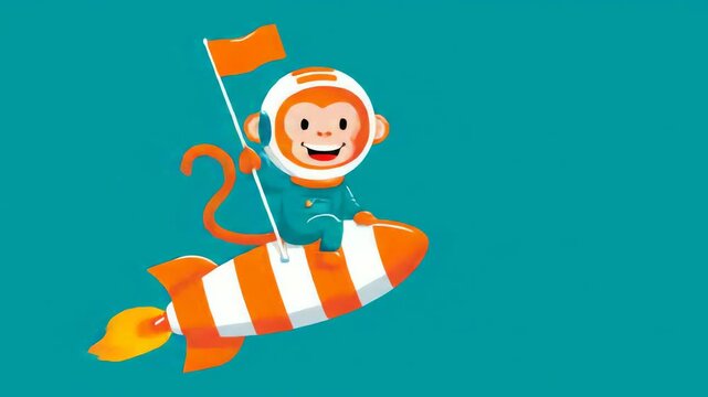 Cartoon monkey astronaut on a striped rocket holding a flag