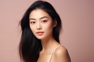 Fototapeta premium Young asian model posing for beauty products, showing her perfect skin and long black hair