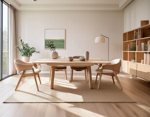 Interview room with minimalist Scandinavian design, light wood furniture, and soft muted textiles