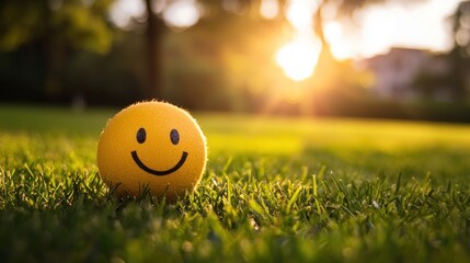 A yellow smiley face on a green lawn with a sunset in the background.