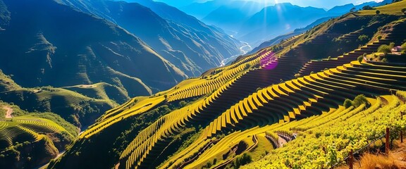 Terraced vineyards cascading down Douro Valley slopes, sun-drenched landscape,  aerial,  vibrant