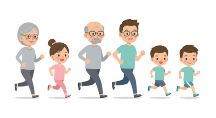 Diverse groups of people, including business teams, young friends, and happy families with children, smiling together in fun, vibrant cartoon illustrations