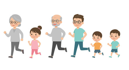 Happy diverse cartoon kids and young adults in playful poses, a fun group illustration