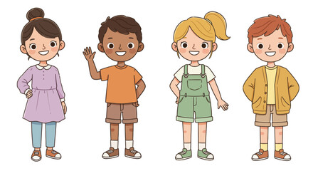 Cartoon illustration of smiling children and girls in various poses and clothes